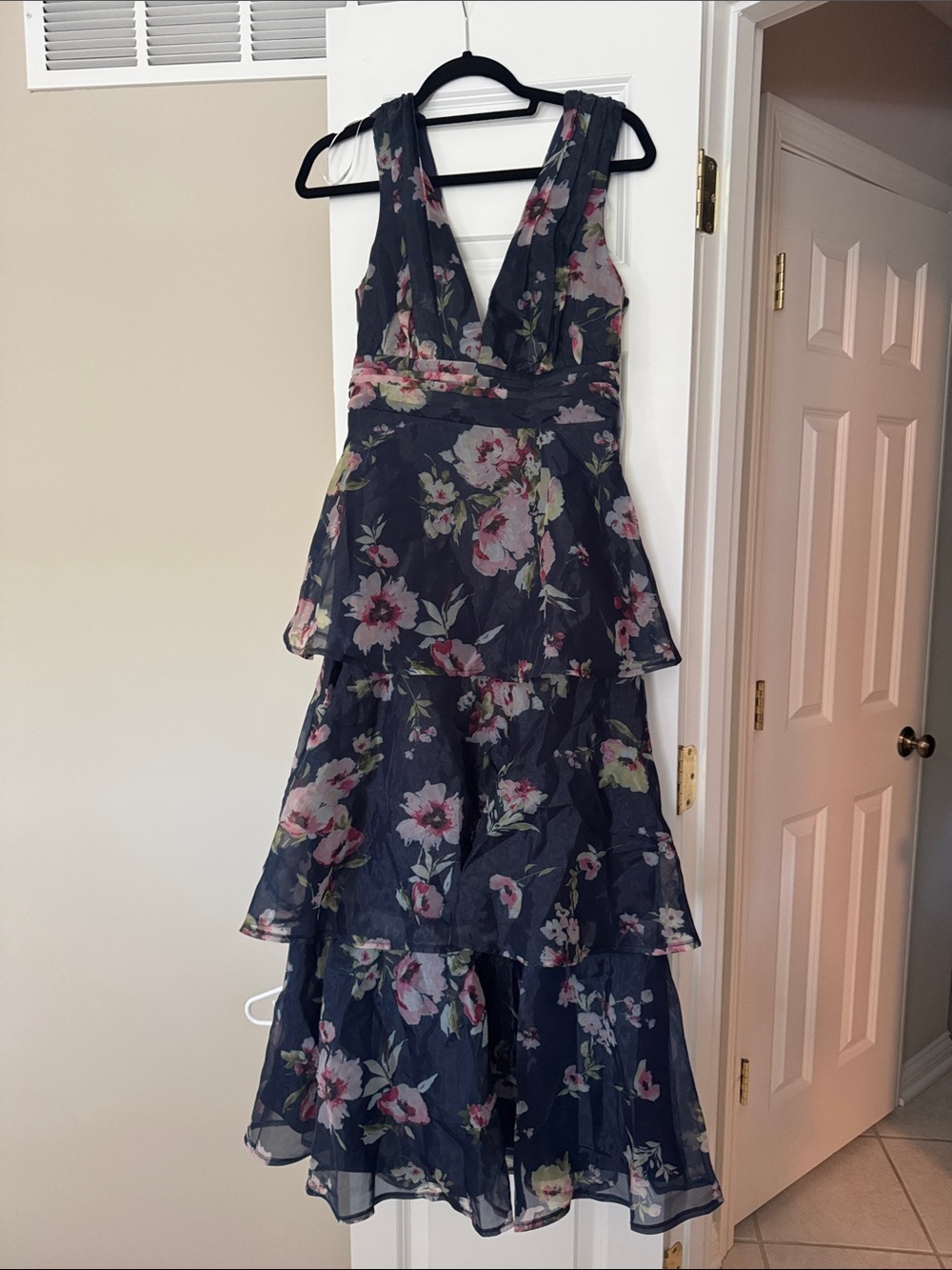 Lulu's Navy Floral V-Neck Tiered Maxi Dress with Pink & Cream Blooms